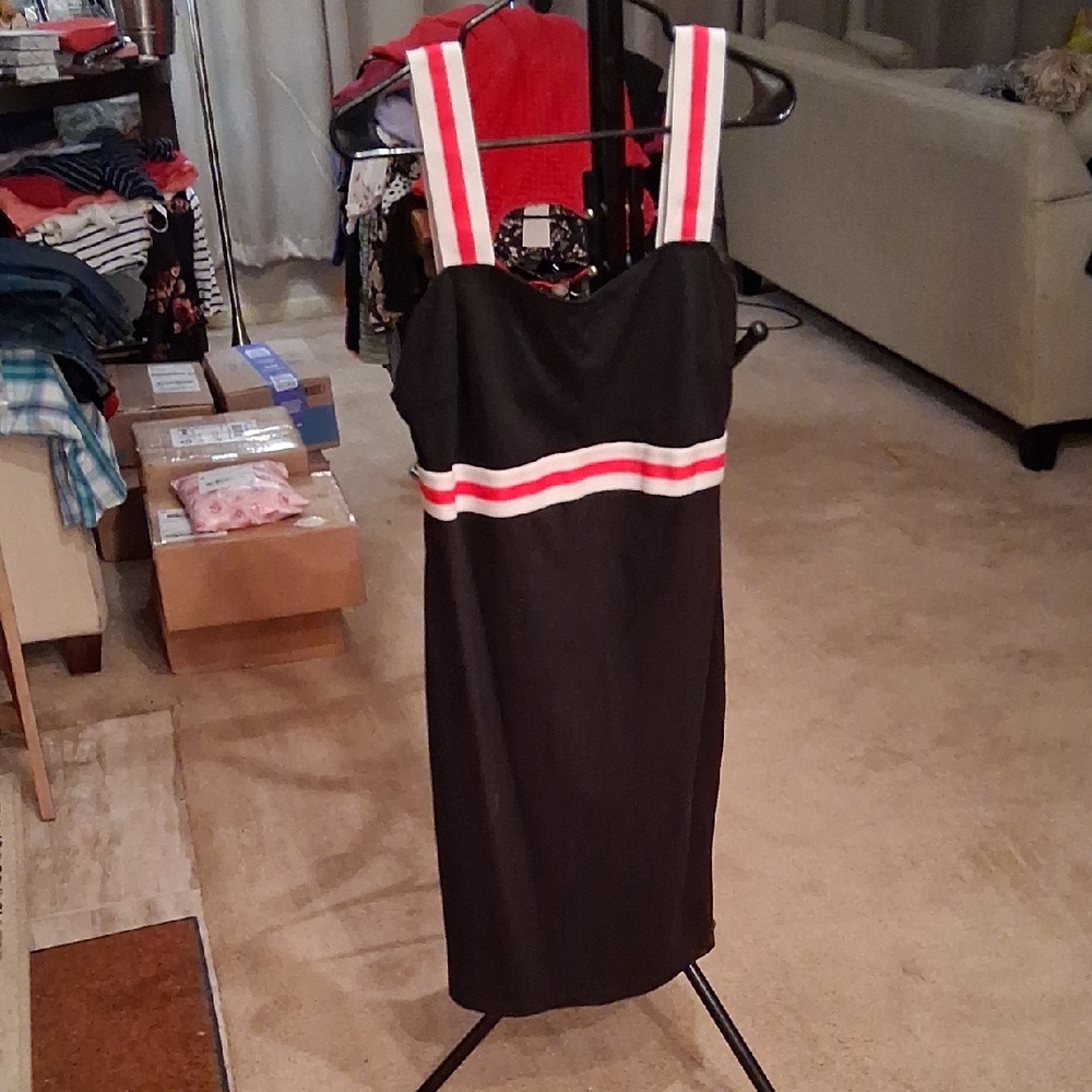 Chic Black Midi Dress with Red and White Stripes